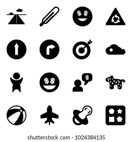 Solid vector icon set - runway vector, thermometer, dollar smile, round motion road sign, only forward, right, target, cloud, success, money, dialog, toy horse, beach ball, plane, soother, cube hole