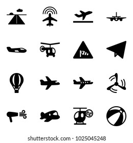 Solid vector icon set - runway vector, plane radar, departure, small, helicopter, side wind road sign, paper fly, air balloon, mill, dryer, toy, beach ball