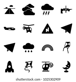 Solid vector icon set - runway vector, clouds, storm, boarding passengers, small plane, helicopter, abrupt turn right road sign, paper fly, rain cloud, rainbow, kite, rocket, toy, moon lamp