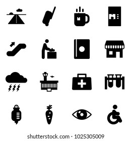 Solid vector icon set - runway vector, suitcase, tea, coffee machine, escalator up, baby room, passport, duty free, storm, airport building, doctor bag, vial, drop counter, carrot, eye, disabled