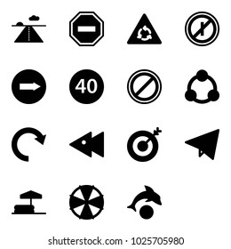 Solid vector icon set - runway vector, no way road sign, round motion, parkin odd, only right, minimal speed limit, parking, social, redo, fast backward, target, paper fly, inflatable pool, parasol