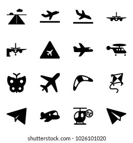 Solid vector icon set - runway vector, departure, arrival, plane, boarding passengers, airport road sign, helicopter, butterfly, boomerang, kite, paper, toy