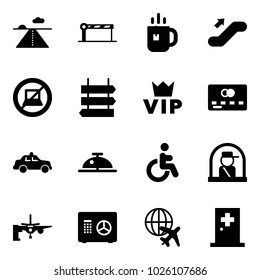 Solid vector icon set - runway vector, barrier, tea, escalator up, no computer sign, post, vip, credit card, safety car, client bell, disabled, officer window, boarding passengers, safe, plane globe