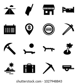 Solid vector icon set - runway vector, suitcase, duty free, hotel, schedule, dollar pin, customs road sign, job, rock axe, lounger, palm, pyramid, trailer
