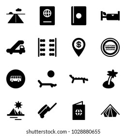 Solid vector icon set - runway vector, passport, hotel, trap truck, plane seats, dollar pin, customs road sign, bus, lounger, palm, pyramid, suitcase, tent