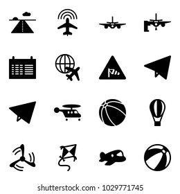 Solid vector icon set - runway vector, plane radar, boarding passengers, schedule, globe, side wind road sign, paper fly, helicopter, ball, air balloon, mill, kite, toy, beach