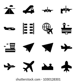 Solid vector icon set - runway vector, trap truck, plane, boarding passengers, small, seats, globe, airport building, paper, fly, jointer, toy