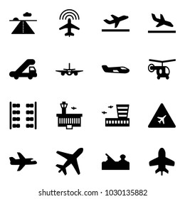 Solid vector icon set - runway vector, plane radar, departure, arrival, trap truck, small, helicopter, seats, airport building, road sign, jointer, toy