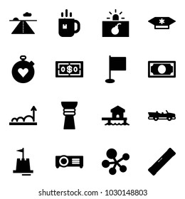 Solid vector icon set - runway vector, tea, terrorism, candy, stopwatch heart, dollar, flag, money, growth, award, bungalow, cabrio, sand castle, projector, molecule, level