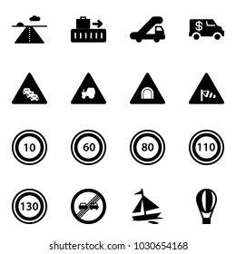 Solid vector icon set - runway vector, baggage, trap truck, encashment car, multi lane traffic road sign, tractor way, tunnel, side wind, speed limit 10, 60, 80, 110, 130, end overtake, sail boat
