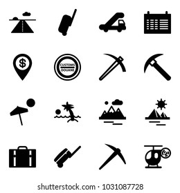 Solid vector icon set - runway vector, suitcase, trap truck, schedule, dollar pin, customs road sign, job, rock axe, beach, palm, mountains, pyramid, helicopter toy