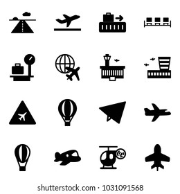 Solid vector icon set - runway vector, departure, baggage, waiting area, scales, plane globe, airport building, road sign, air balloon, paper fly, toy, helicopter