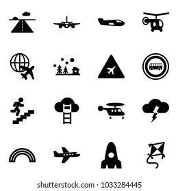 Solid vector icon set - runway vector, plane, small, helicopter, globe, christmas landscape, airport road sign, no bus, career, cloud ladder, storm, rainbow, rocket, kite