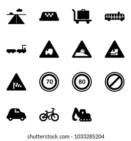 Solid vector icon set - runway vector, taxi, baggage, airport bus, truck, tractor way road sign, steep roadside, railway intersection, side wind, speed limit 70, 80, no parking, car, bike