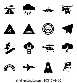 Solid vector icon set - runway vector, storm, plane, helicopter, airport road sign, artificial unevenness, no bus, paper fly, career, cloud ladder, rainbow, rocket, kite