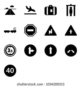 Solid vector icon set - runway vector, arrival, suitcase, metal detector gate, baggage truck, no way road sign, abrupt turn right, intersection, limited height, only forward, detour
