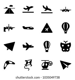 Solid vector icon set - runway vector, departure, arrival, plane, boarding passengers, small, airport road sign, air balloon, paper fly, butterfly, boomerang, kite, helicopter toy