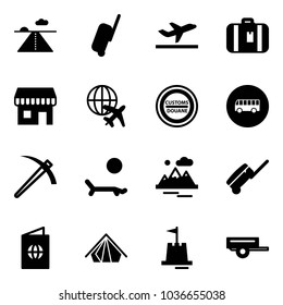 Solid vector icon set - runway vector, suitcase, departure, duty free, plane globe, customs road sign, bus, job, lounger, mountains, passport, tent, sand castle, trailer