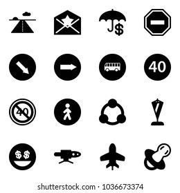 Solid vector icon set - runway vector, star letter, insurance, no way road sign, detour, only right, bus, minimal speed limit, end, pedestrian, social, pennant, money smile, pipe welding, toy plane