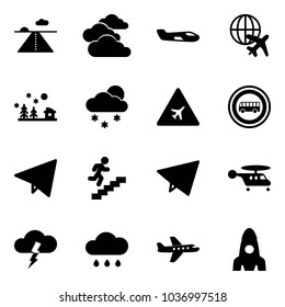 Solid vector icon set - runway vector, clouds, small plane, globe, christmas landscape, snowfall, airport road sign, no bus, paper fly, career, helicopter, storm, rain cloud, rocket