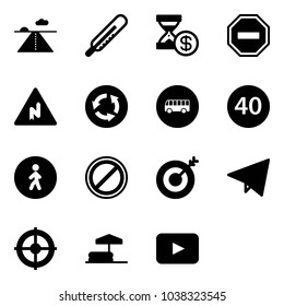 Solid vector icon set - runway vector, thermometer, account history, no way road sign, abrupt turn right, circle, bus, minimal speed limit, pedestrian, parking, target, paper fly, inflatable pool