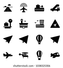 Solid vector icon set - runway vector, plane radar, baggage, trap truck, scales, airport building, road sign, paper, fly, air balloon, helicopter, toy