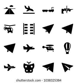 Solid vector icon set - runway vector, arrival, baggage truck, boarding passengers, helicopter, plane seats, paper, fly, air balloon, butterfly