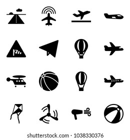 Solid vector icon set - runway vector, plane radar, departure, small, side wind road sign, paper fly, air balloon, helicopter, ball, kite, mill, dryer, beach