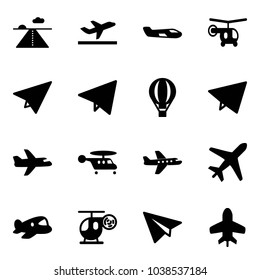 Solid vector icon set - runway vector, departure, small plane, helicopter, paper, fly, air balloon, toy
