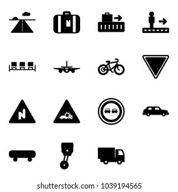 Solid vector icon set - runway vector, suitcase, baggage, travolator, waiting area, plane, bike, giving way road sign, abrupt turn right, car crash, no overtake, limousine, skateboard, piston