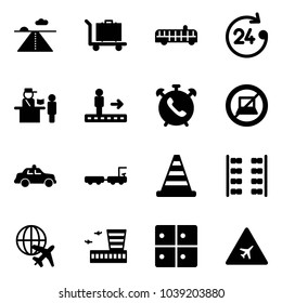 Solid vector icon set - runway vector, baggage, airport bus, 24 hours, passport control, travolator, phone alarm, no computer sign, safety car, truck, road cone, plane seats, globe, building, room