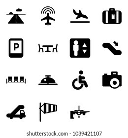 Solid vector icon set - runway vector, plane radar, arrival, suitcase, parking sign, cafe, elevator, escalator down, waiting area, client bell, disabled, camera, trap truck, side wind