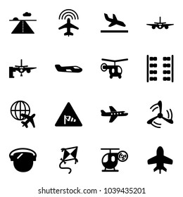 Solid vector icon set - runway vector, plane radar, arrival, boarding passengers, small, helicopter, seats, globe, side wind road sign, mill, protect glass, kite, toy