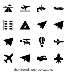 Solid vector icon set - runway vector, departure, boarding passengers, small plane, seats, airport road sign, paper, fly, helicopter, air balloon, toy