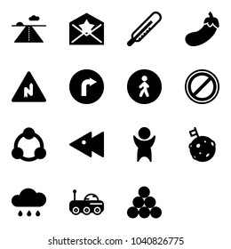 Solid vector icon set - runway vector, star letter, thermometer, eggplant, abrupt turn right road sign, only, pedestrian way, no parking, social, fast backward, success, moon flag, rain cloud, rover