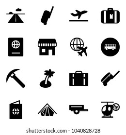 Solid vector icon set - runway vector, suitcase, departure, passport, duty free, plane globe, bus road sign, rock axe, palm, tent, trailer, helicopter toy