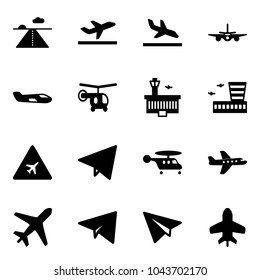 Solid vector icon set - runway vector, departure, arrival, plane, small, helicopter, airport building, road sign, paper fly, toy