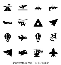 Solid vector icon set - runway vector, departure, plane, boarding passengers, small, helicopter, airport road sign, paper, air balloon, kite, toy