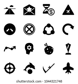 Solid vector icon set - runway vector, star letter, account history, airport road sign, detour, no stop, social, redo, chart point arrow, brain work, moon flag, pennant, target, dolphin, scythe