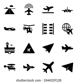Solid vector icon set - runway vector, plane radar, departure, small, helicopter, seats, globe, airport building, road sign, paper