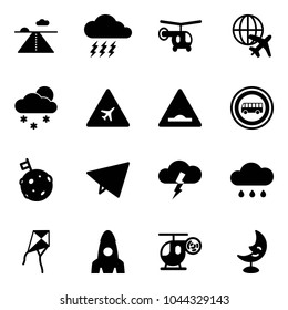 Solid vector icon set - runway vector, storm, helicopter, plane globe, snowfall, airport road sign, artificial unevenness, no bus, moon flag, paper fly, rain cloud, kite, rocket, toy, lamp