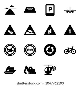 Solid vector icon set - runway vector, taxi, parking sign, plane, multi lane traffic road, embankment, abrupt turn right, intersection, no horn, overtake, circle, bike, cruiser, excavator toy