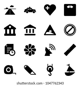 Solid vector icon set - runway vector, safety car, heart, floor scales, bank, steep roadside road sign, no parking, history, flower, satellite antenna, level, measuring tape, work knife, winch