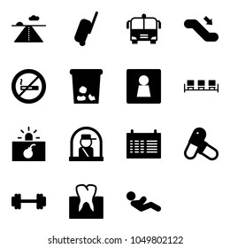 Solid vector icon set - runway vector, suitcase, airport bus, escalator down, no smoking sign, trash, female wc, waiting area, terrorism, officer window, schedule, pills, barbell, tooth