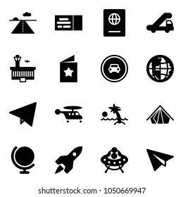 Solid vector icon set - runway vector, ticket, passport, trap truck, airport building, star postcard, no car road sign, globe, paper fly, helicopter, palm, tent, rocket, ufo toy, plane