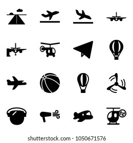 Solid vector icon set - runway vector, departure, arrival, plane, boarding passengers, helicopter, paper fly, air balloon, ball, wind mill, protect glass, dryer, toy