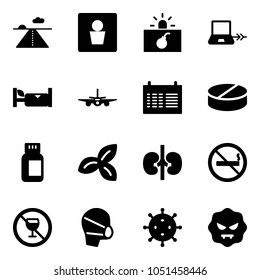 Solid vector icon set - runway vector, male wc, terrorism, notebook connect, hotel, plane, schedule, pill, pills bottle, three leafs, kidneys, no smoking sign, alcohol, medical mask, virus