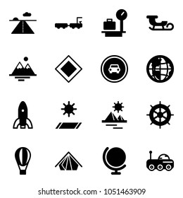 Solid vector icon set - runway vector, baggage truck, scales, sleigh, mountains, main road sign, no car, globe, rocket, mat, pyramid, hand wheel, air balloon, tent, moon rover