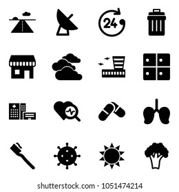 Solid vector icon set - runway vector, satellite antenna, 24 hours, trash bin, duty free, clouds, airport building, baggage room, hospital, heart diagnosis, pills, lungs, tooth brush, virus, sun