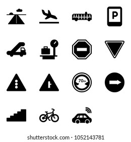Solid vector icon set - runway vector, arrival, airport bus, parking sign, trap truck, baggage scales, no way road, giving, traffic light, intersection, limited distance, only right, stairs, bike